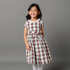 Toddler Ruffle Collar Organic Party Dress: Ivory Holiday Tartan