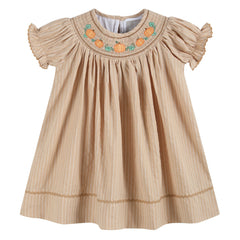 Girls Light Brown Organic Cotton Pumpkin Smocked Bishop Dress