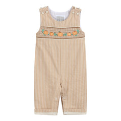 Baby Boys Light Brown Pinstripe Pumpkin Smocked Overalls