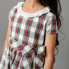 Toddler Ruffle Collar Organic Party Dress: Ivory Holiday Tartan