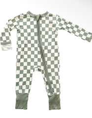 Baby Boy or Girl Bamboo Green Checkered Double Zipper Sleeper