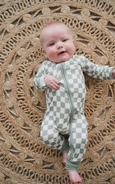 Baby Boy or Girl Bamboo Green Checkered Double Zipper Sleeper