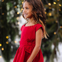 Organic Cap Sleeve Party Dress with Bow Sash in Red Sateen