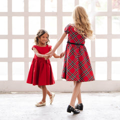 Organic Cap Sleeve Party Dress with Bow Sash in Red Sateen