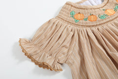 Girls Light Brown Organic Cotton Pumpkin Smocked Bishop Dress