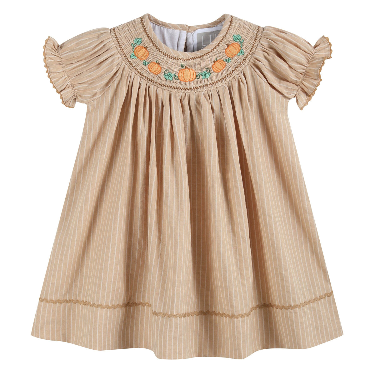 Girls Light Brown Organic Cotton Pumpkin Smocked Bishop Dress