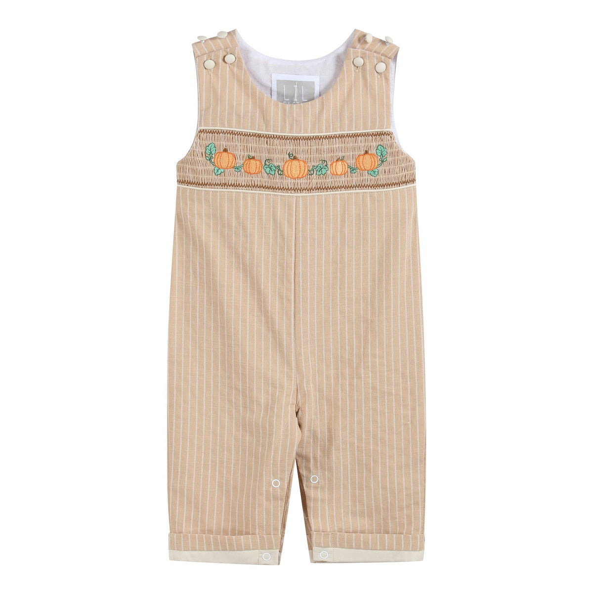 Baby Boys Light Brown Pinstripe Pumpkin Smocked Overalls