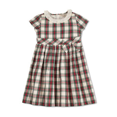 Toddler Ruffle Collar Organic Party Dress: Ivory Holiday Tartan