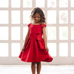 Organic Cap Sleeve Party Dress with Bow Sash in Red Sateen